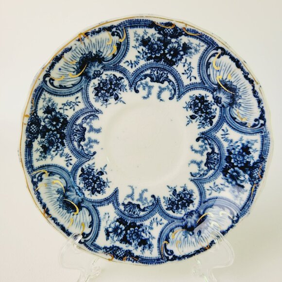 Antique J&G Meakin York Flow Blue Teacup and Saucer Gilded Gold c.1890-1910 - Picture 6 of 14